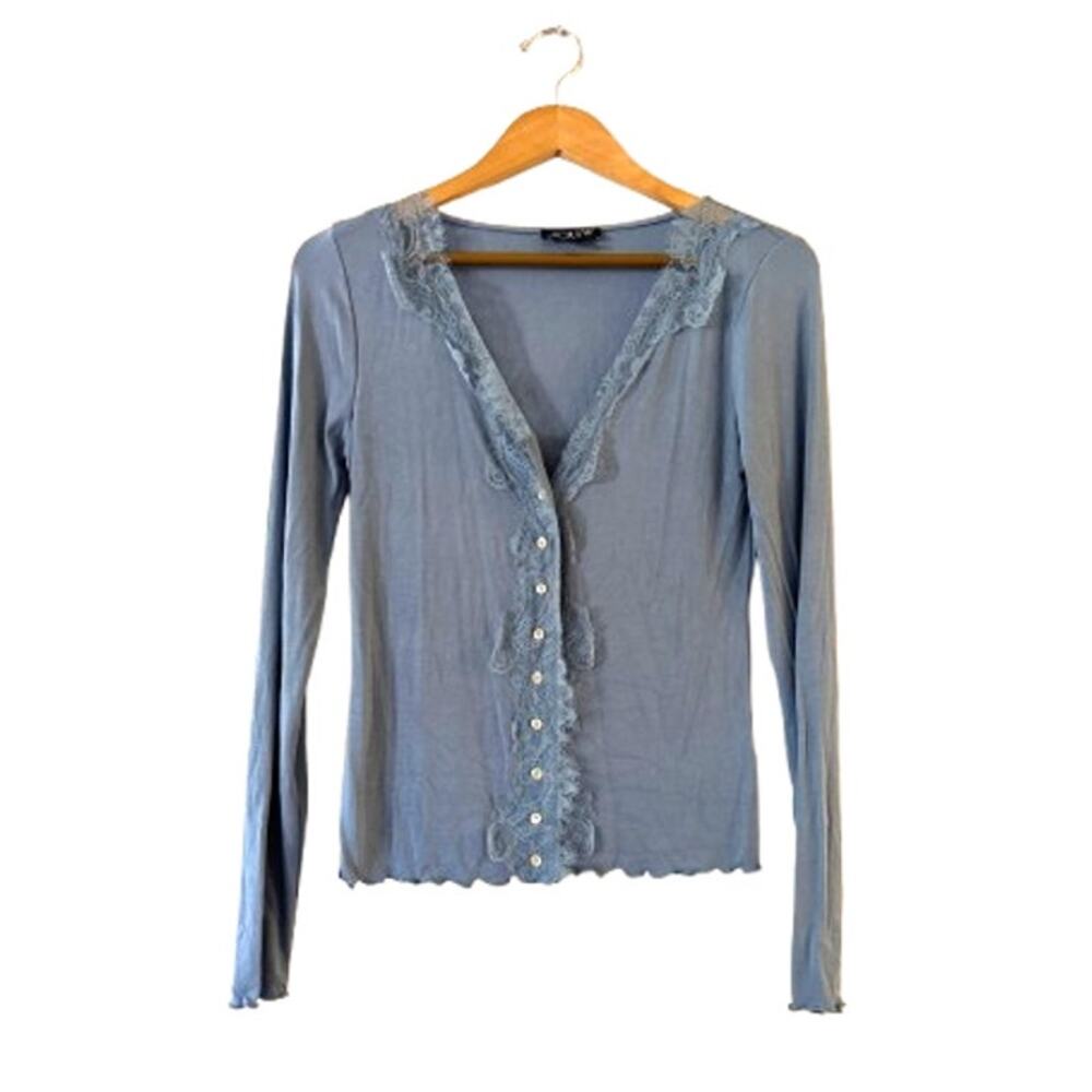 J. Crew Refined Rib Cardigan Top with Lace Trim Womens Size XS Blue‎